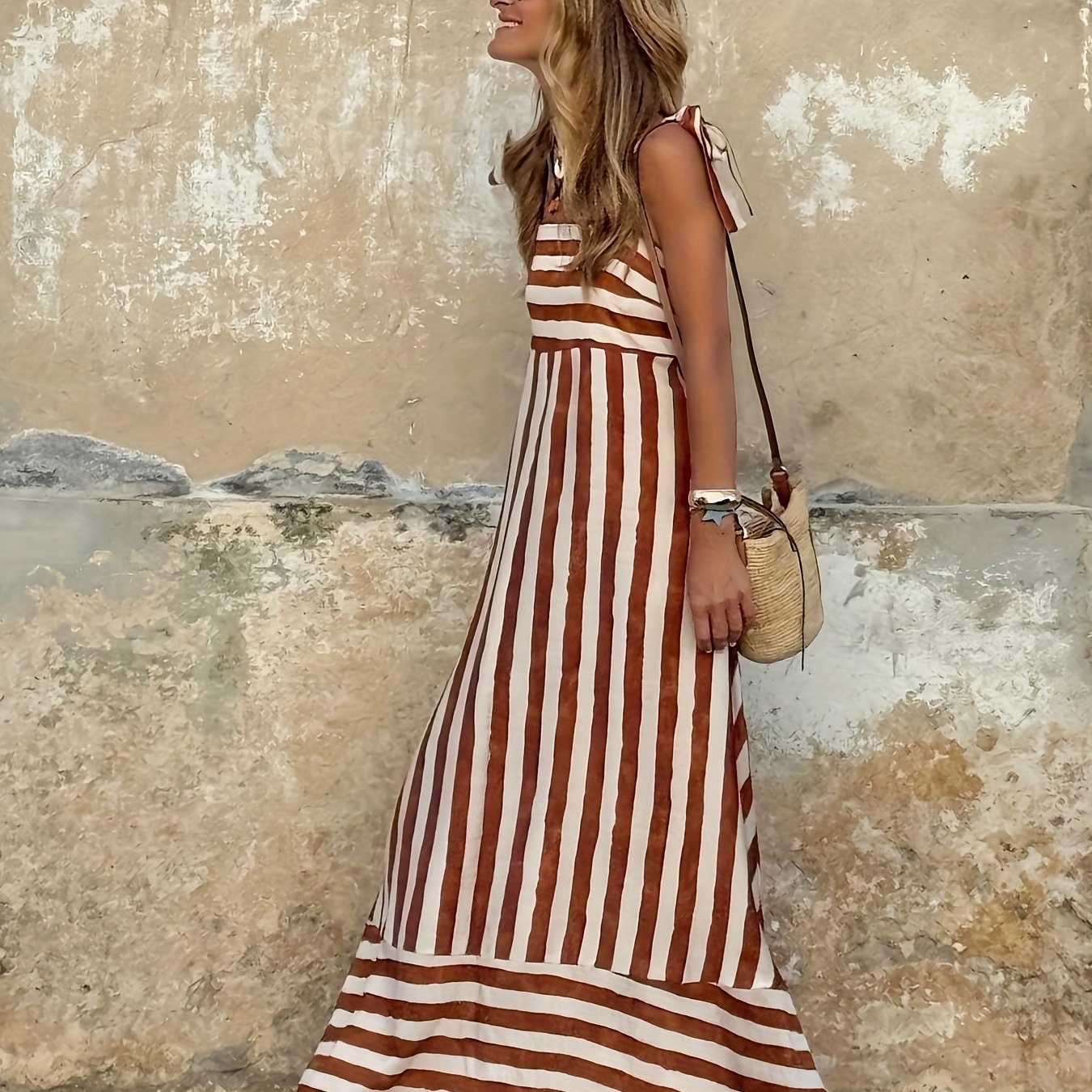 Women'S Stylish Striped Off-Shoulder Beach Dress with Tie-Back
