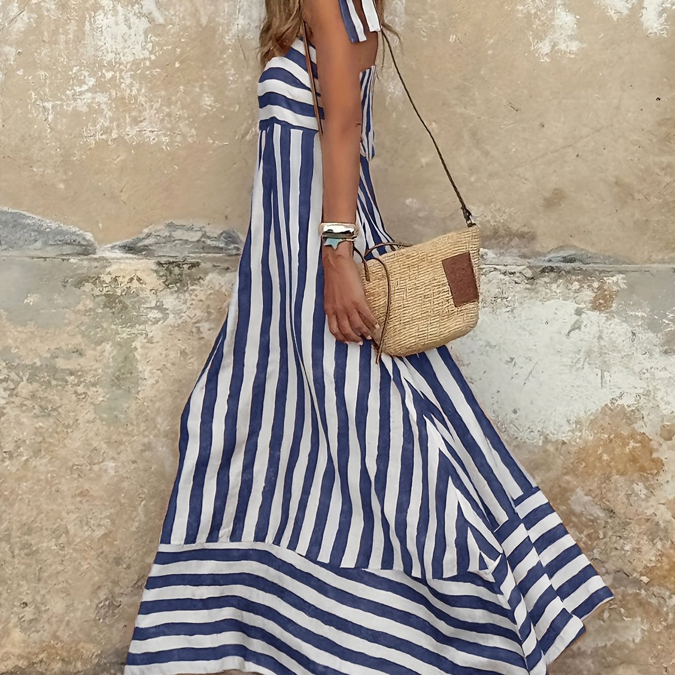 Women'S Stylish Striped Off-Shoulder Beach Dress with Tie-Back