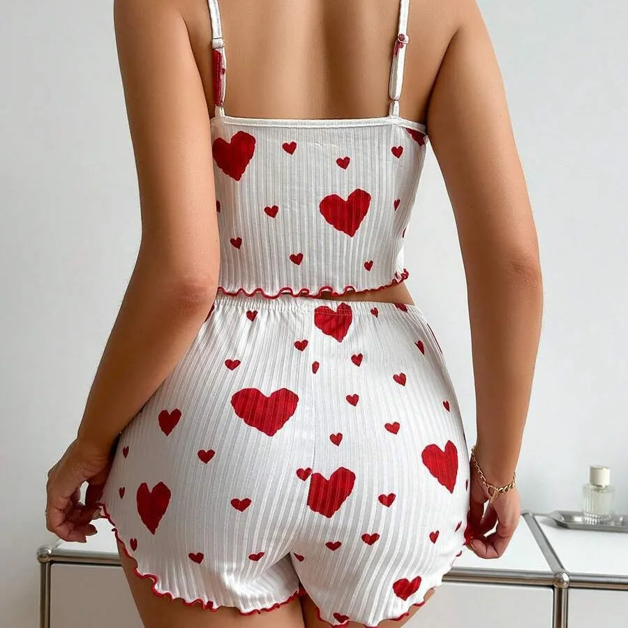 Women’s 2PCS Heart Print Pajama Set, Sleeveless Crop Top ,