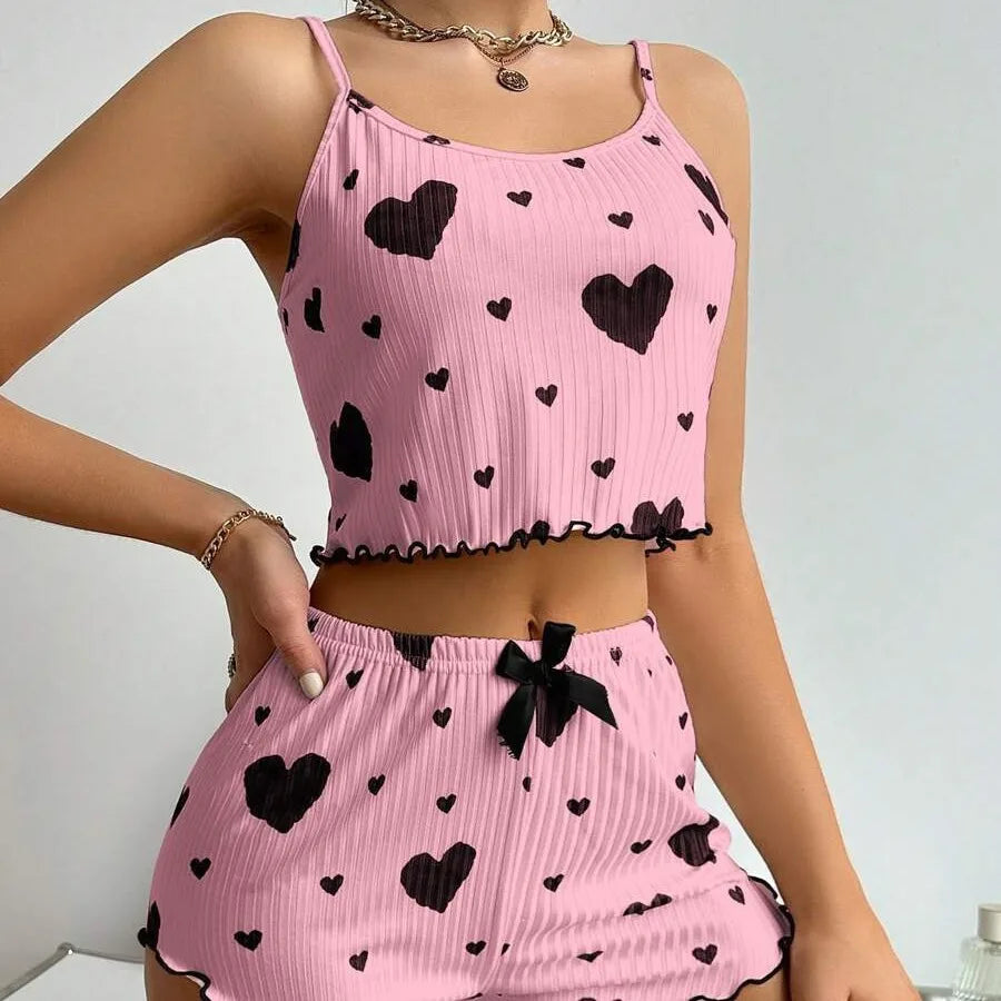 Women’s 2PCS Heart Print Pajama Set, Sleeveless Crop Top ,