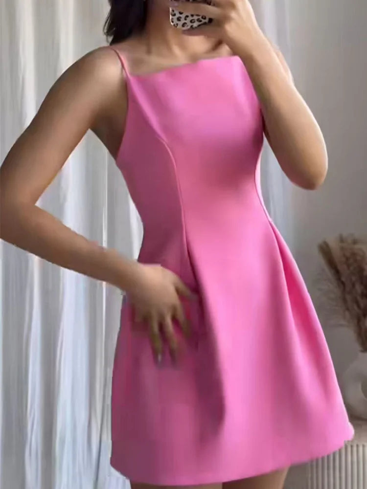 TFMLN Elegant Ladies Pink Spaghetti Strap Dress 2025 Summer New Simple Style Women Slim Short Dress Party Fashion A-Line Dress