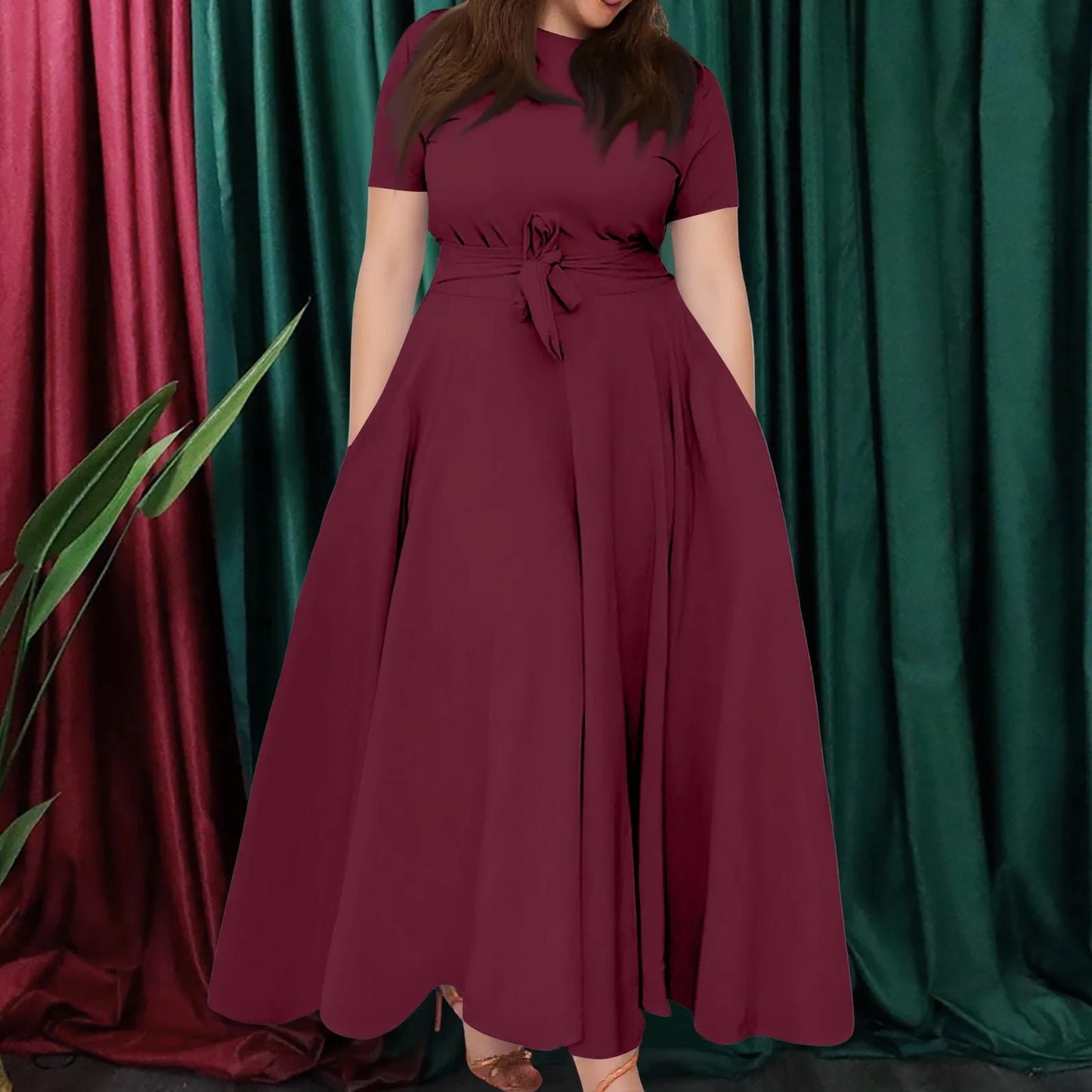 Summer Classic Solid Color Large Size Round Neck Short Sleeve Pocket Straps Swing Dress Fashion High Waist A-line Skirt