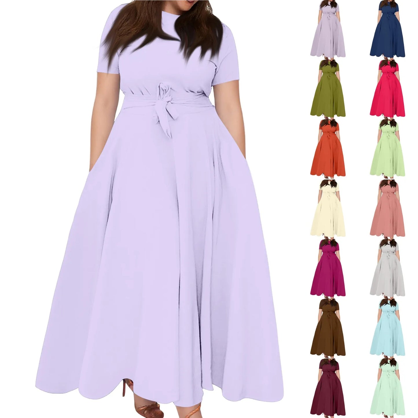 Summer Classic Solid Color Large Size Round Neck Short Sleeve Pocket Straps Swing Dress Fashion High Waist A-line Skirt