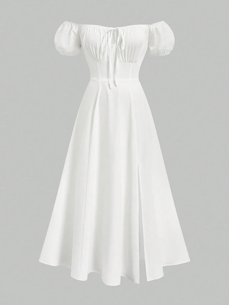 Plus Size Women's Spring/Summer French Style Strapless Waist High Cut Long Dress Pure Colour One-piece Neck Elegant Casual