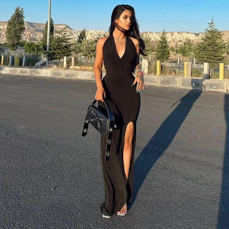 Sexy Halter Maxi Dress Women Party Summer New Backless Sleeveless A-LINE Dresses Slim Simple Fashion Casual Split Elegant Dress