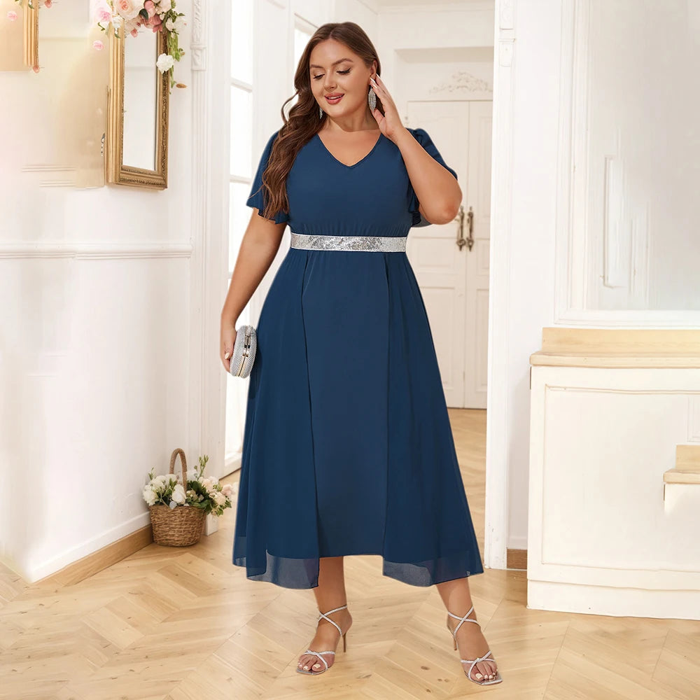 Plus Size Womens Elegant Butterfly Sleeve Sequin V-Neck Midi Dress Ladies Party Cocktail Evening Banquet Ball Gown Size 0XL-5XL