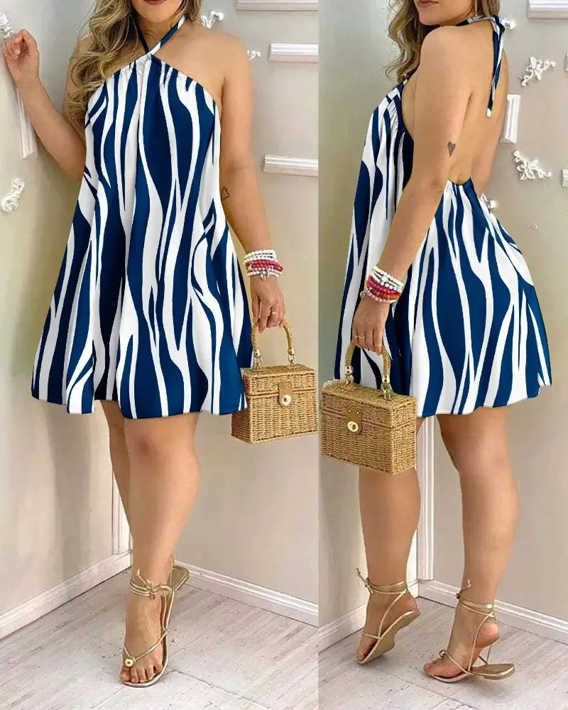 Tropical Print Halter Neck Dress,