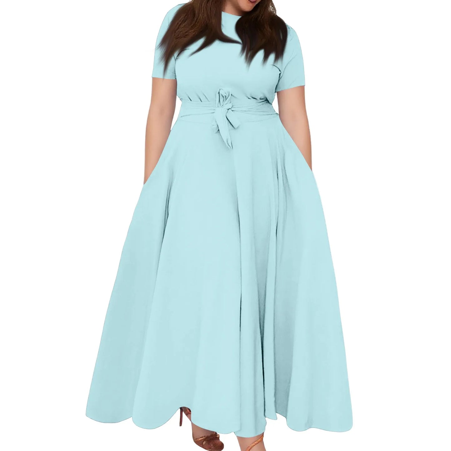 Summer Classic Solid Color Large Size Round Neck Short Sleeve Pocket Straps Swing Dress Fashion High Waist A-line Skirt