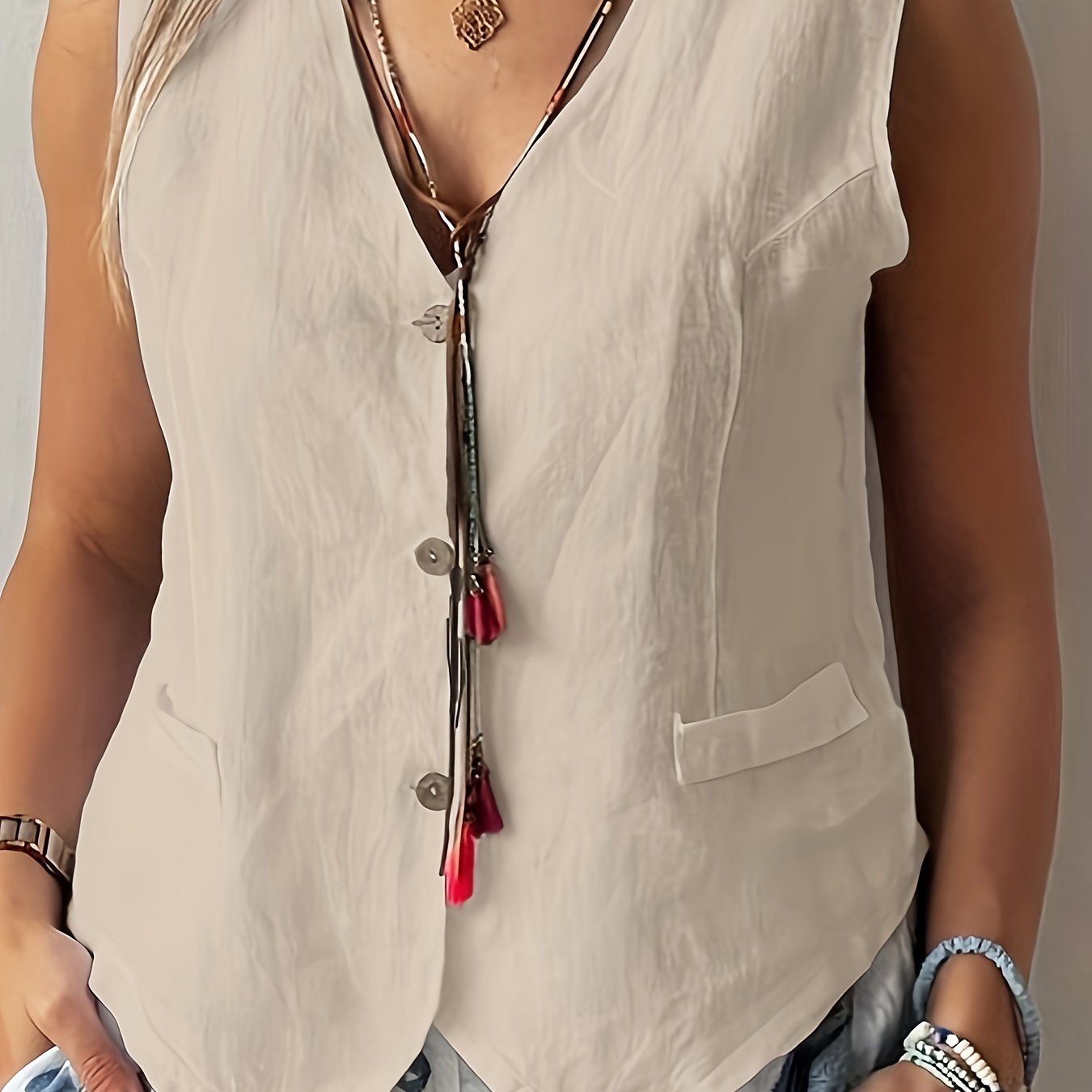 Women's Middle Eastern-Inspired V-Neck Sleeveless Cardigan -