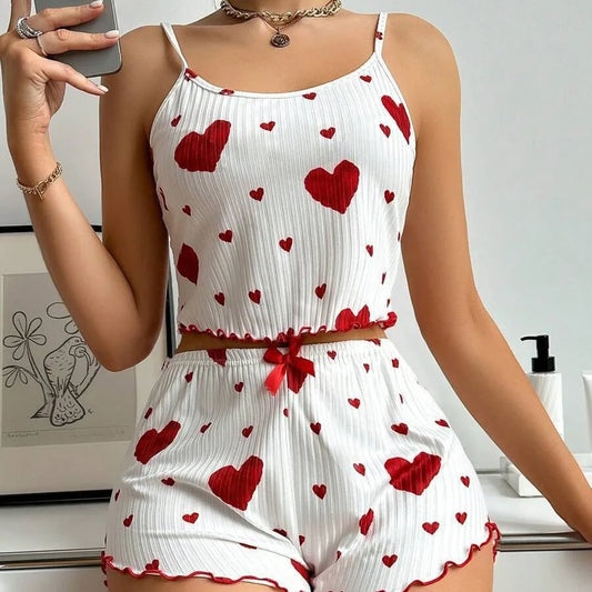Women’s 2PCS Heart Print Pajama Set, Sleeveless Crop Top ,