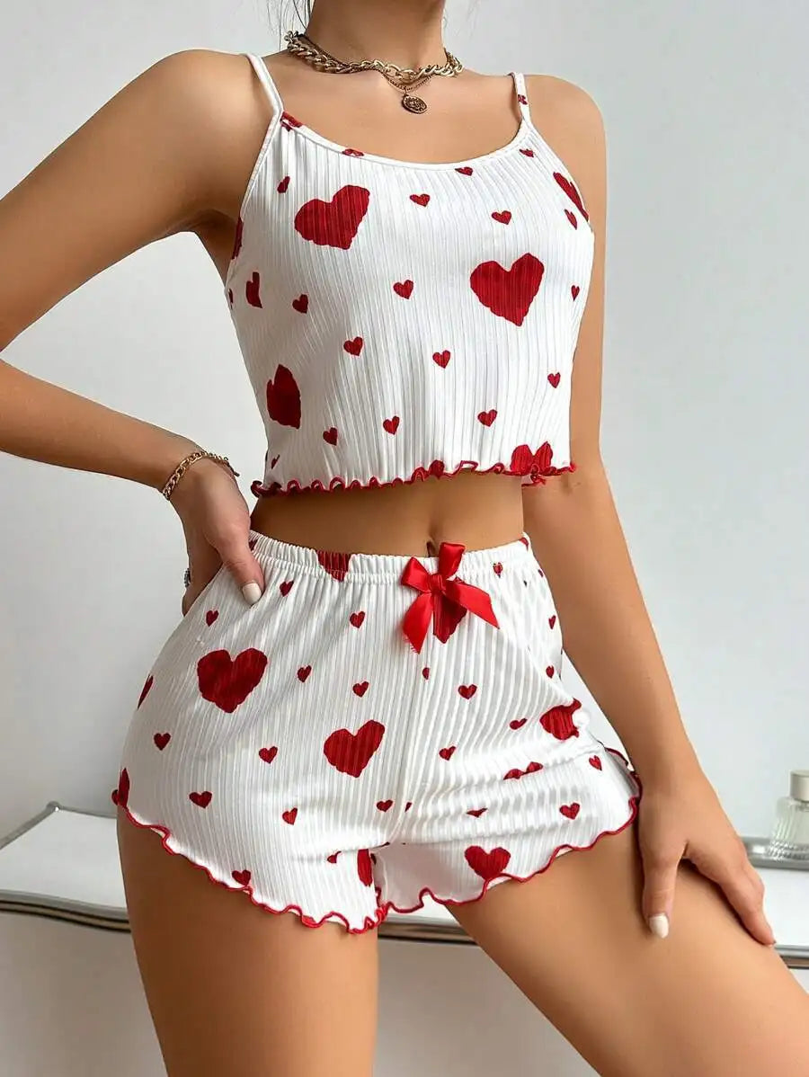 Women’s 2PCS Heart Print Pajama Set, Sleeveless Crop Top ,