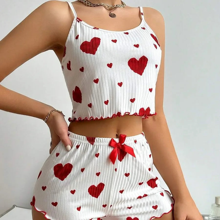 Women’s 2PCS Heart Print Pajama Set, Sleeveless Crop Top ,