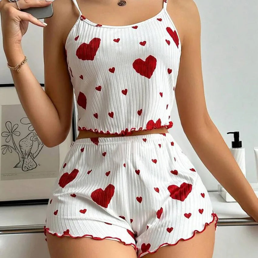 Women’s 2PCS Heart Print Pajama Set, Sleeveless Crop Top ,
