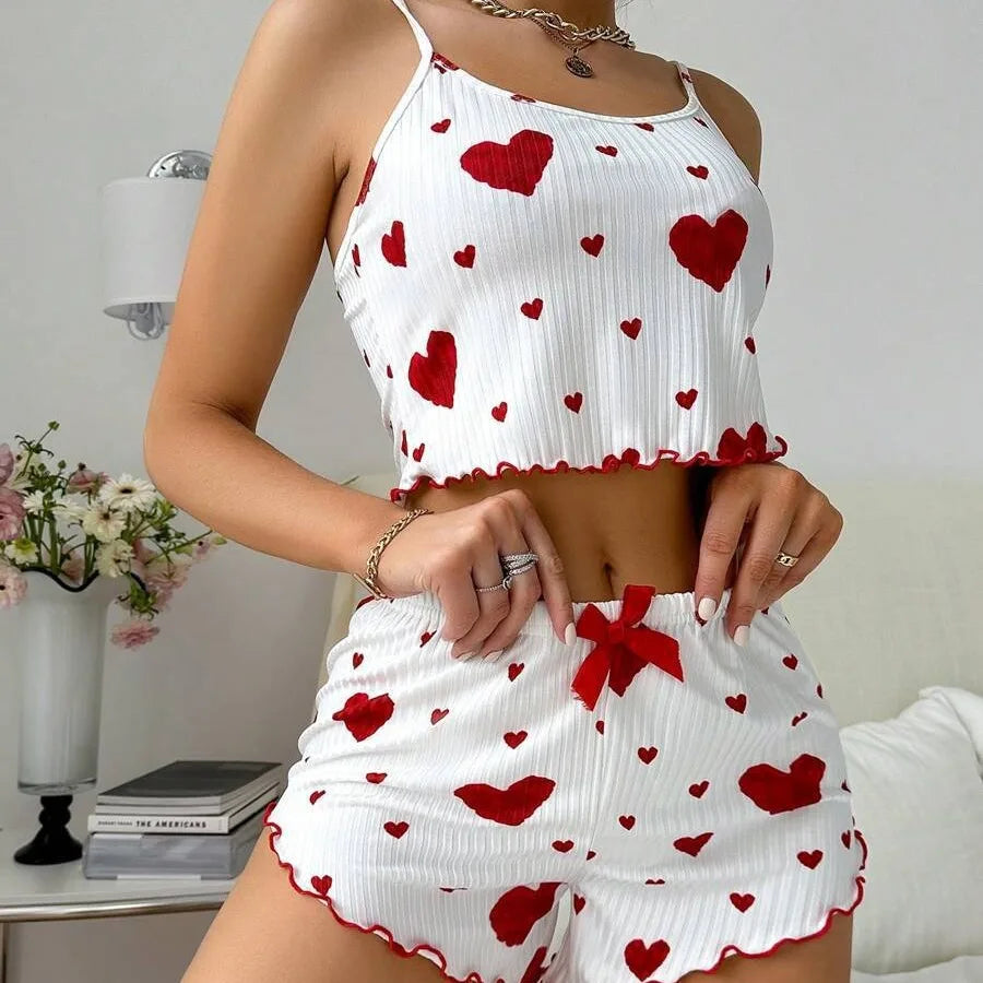 Women’s 2PCS Heart Print Pajama Set, Sleeveless Crop Top ,