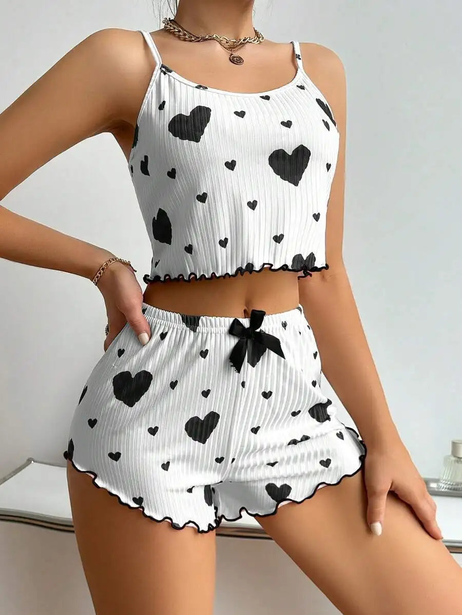 Women’s 2PCS Heart Print Pajama Set, Sleeveless Crop Top ,