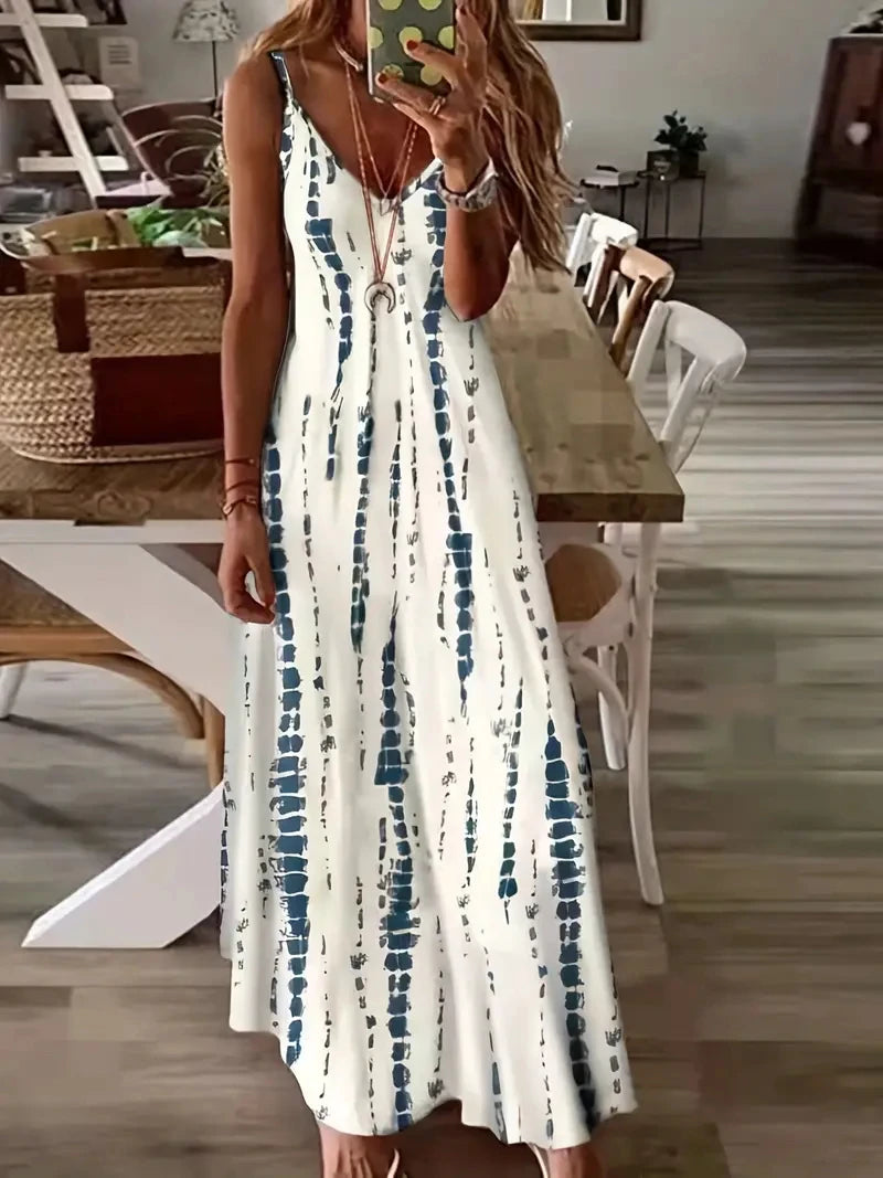 Women's Casual Loose V-neck Tie Dye Printed Spaghetti Maxi Dress Summer 2025