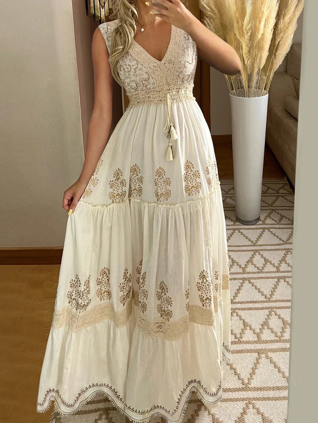 Summer Beach Dress Sleeveless Floral Print V-Neck Flowy Maxi Dress for Women Resort Holiday Party Casual Outfit Fashion
