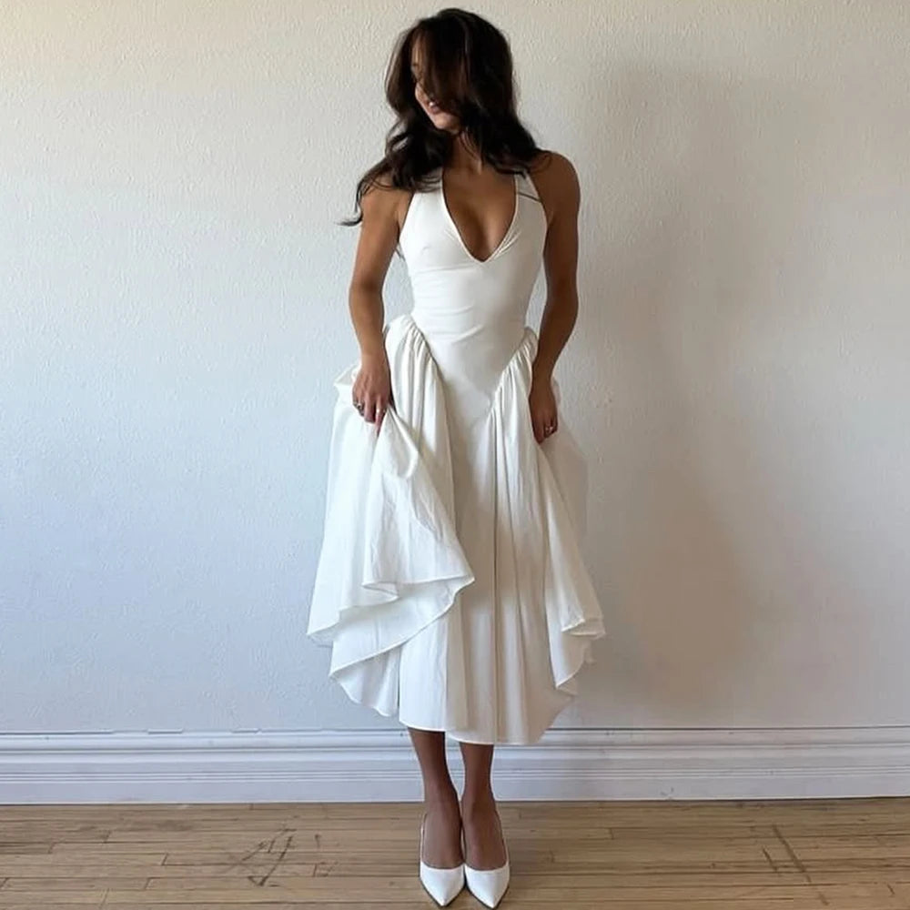 Talenza Backless Deep V Spliced Long Dress Summer Women's Sexy Party Dress Halter New Fashion Slim White Sleeveless Long Dress