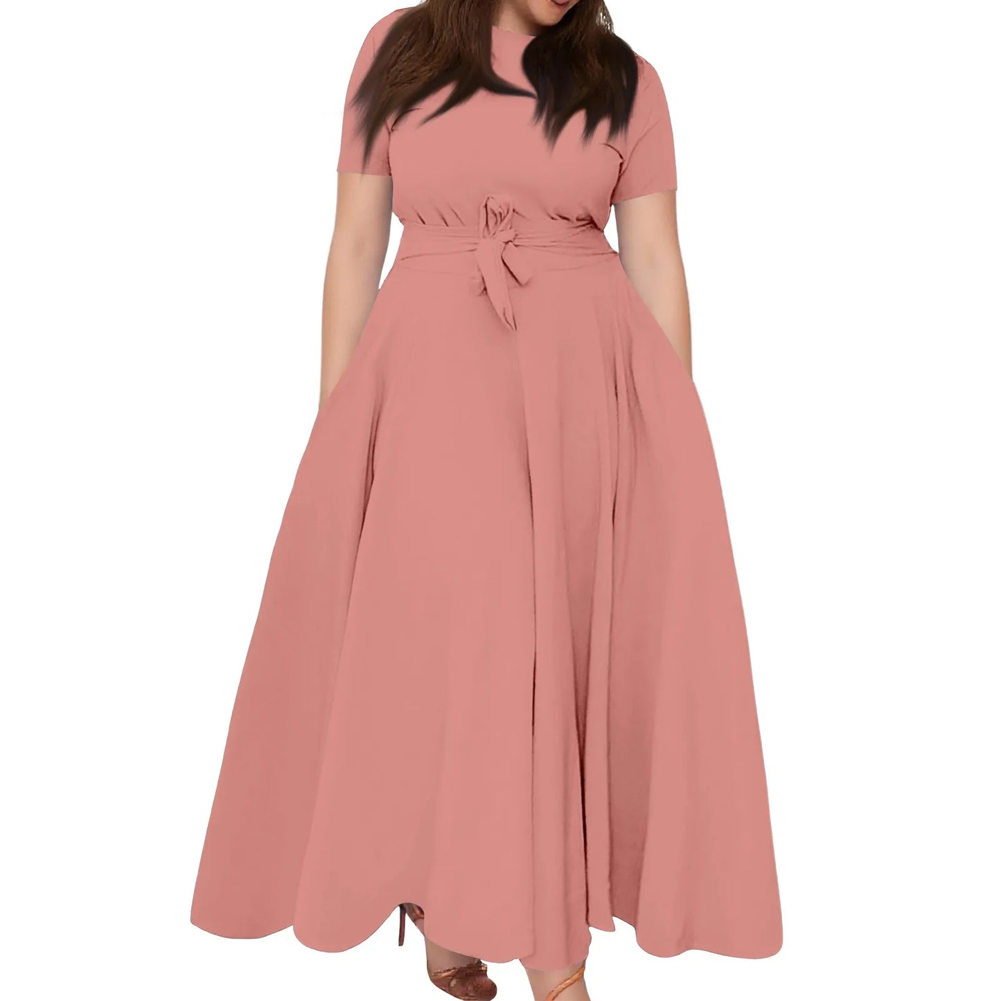 Summer Classic Solid Color Large Size Round Neck Short Sleeve Pocket Straps Swing Dress Fashion High Waist A-line Skirt
