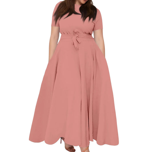 Summer Classic Solid Color Large Size Round Neck Short Sleeve Pocket Straps Swing Dress Fashion High Waist A-line Skirt