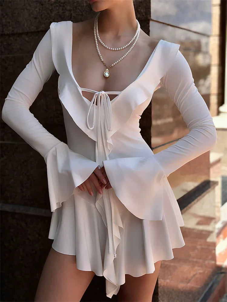 Mini Dress Women's V-Neck Patchwork Long Sleeve Sexy Slim Dress Bandage Elegant Female Summer Dress2025