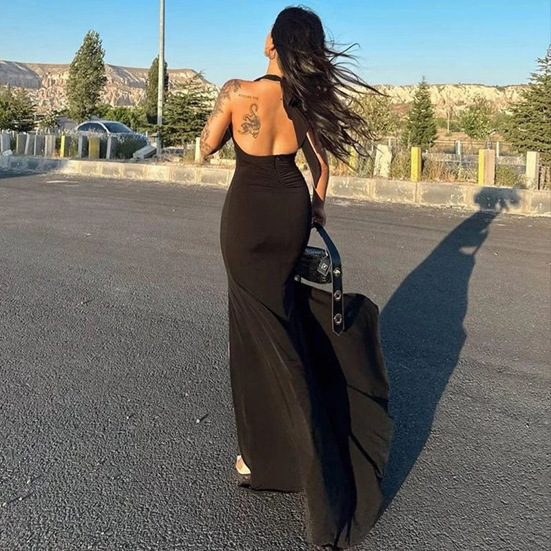 Sexy Halter Maxi Dress Women Party Summer New Backless Sleeveless A-LINE Dresses Slim Simple Fashion Casual Split Elegant Dress