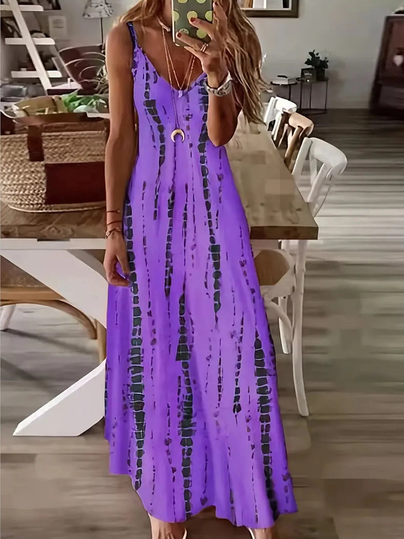 Women's Casual Loose V-neck Tie Dye Printed Spaghetti Maxi Dress Summer 2025
