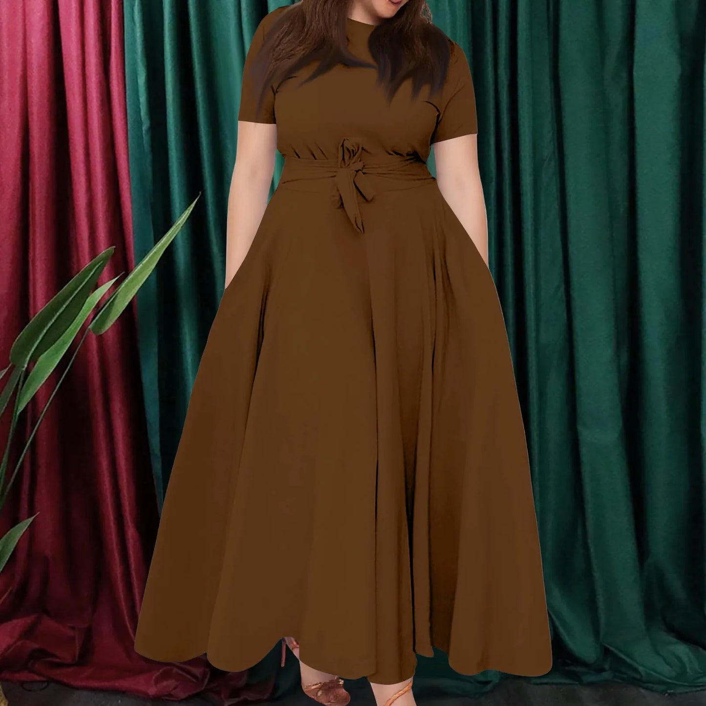 Summer Classic Solid Color Large Size Round Neck Short Sleeve Pocket Straps Swing Dress Fashion High Waist A-line Skirt