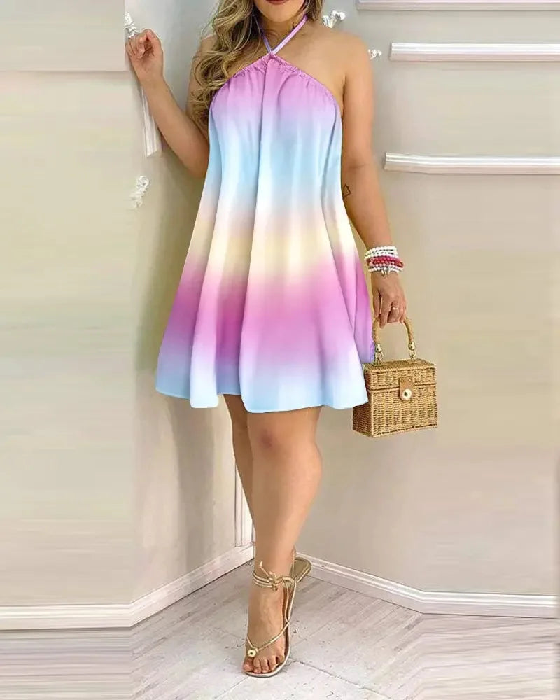 Tropical Print Halter Neck Dress,