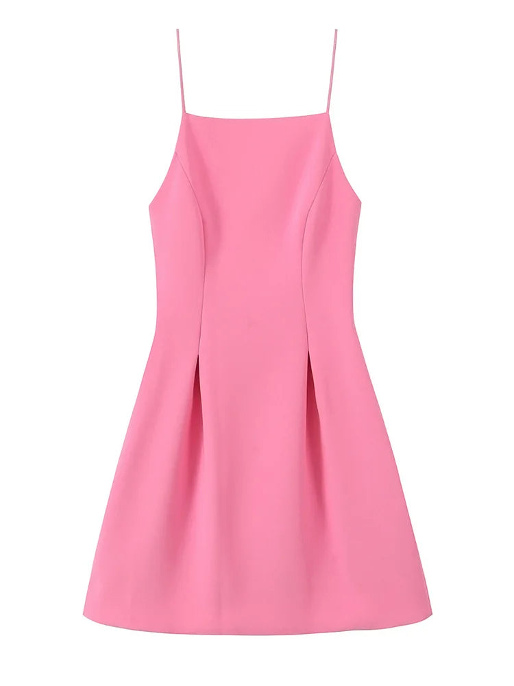 TFMLN Elegant Ladies Pink Spaghetti Strap Dress 2025 Summer New Simple Style Women Slim Short Dress Party Fashion A-Line Dress