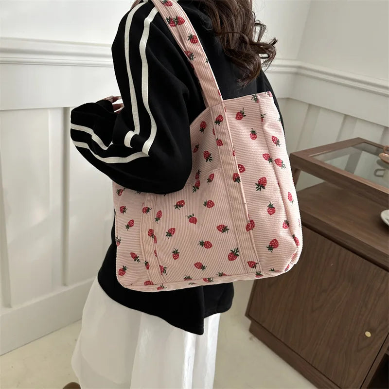 Corduroy Handbag Strawberries Beach Bag Fashionable 2025