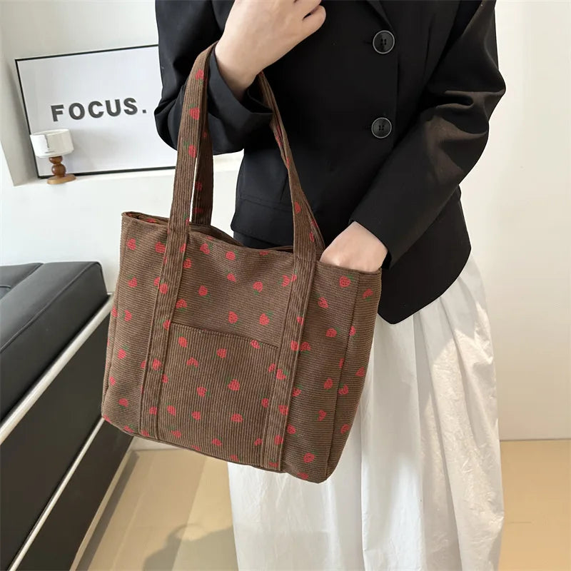 Corduroy Handbag Strawberries Beach Bag Fashionable 2025