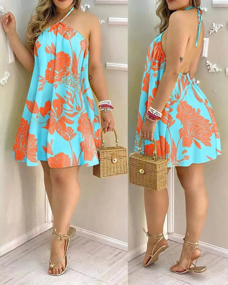 Tropical Print Halter Neck Dress,