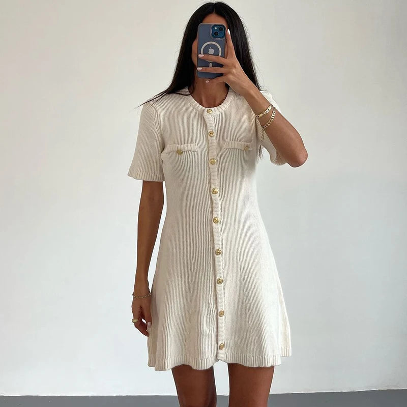 White Elegant Knitted Mini Dress For Women ,