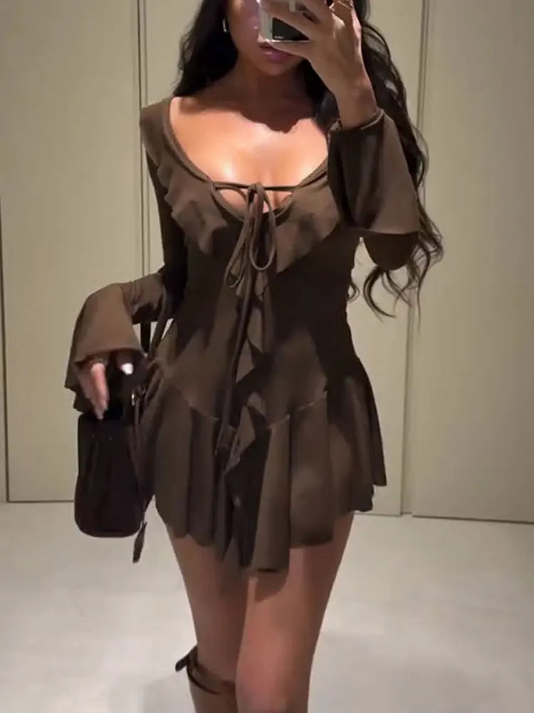 Mini Dress Women's V-Neck Patchwork Long Sleeve Sexy Slim Dress Bandage Elegant Female Summer Dress2025
