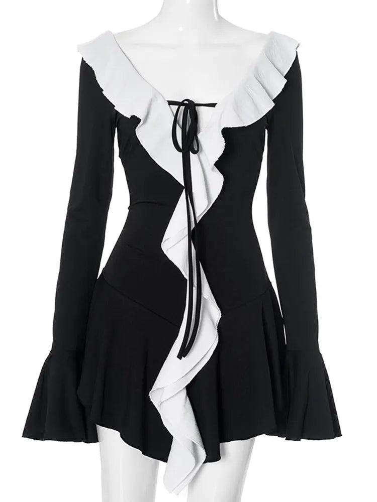 Mini Dress Women's V-Neck Patchwork Long Sleeve Sexy Slim Dress Bandage Elegant Female Summer Dress2025