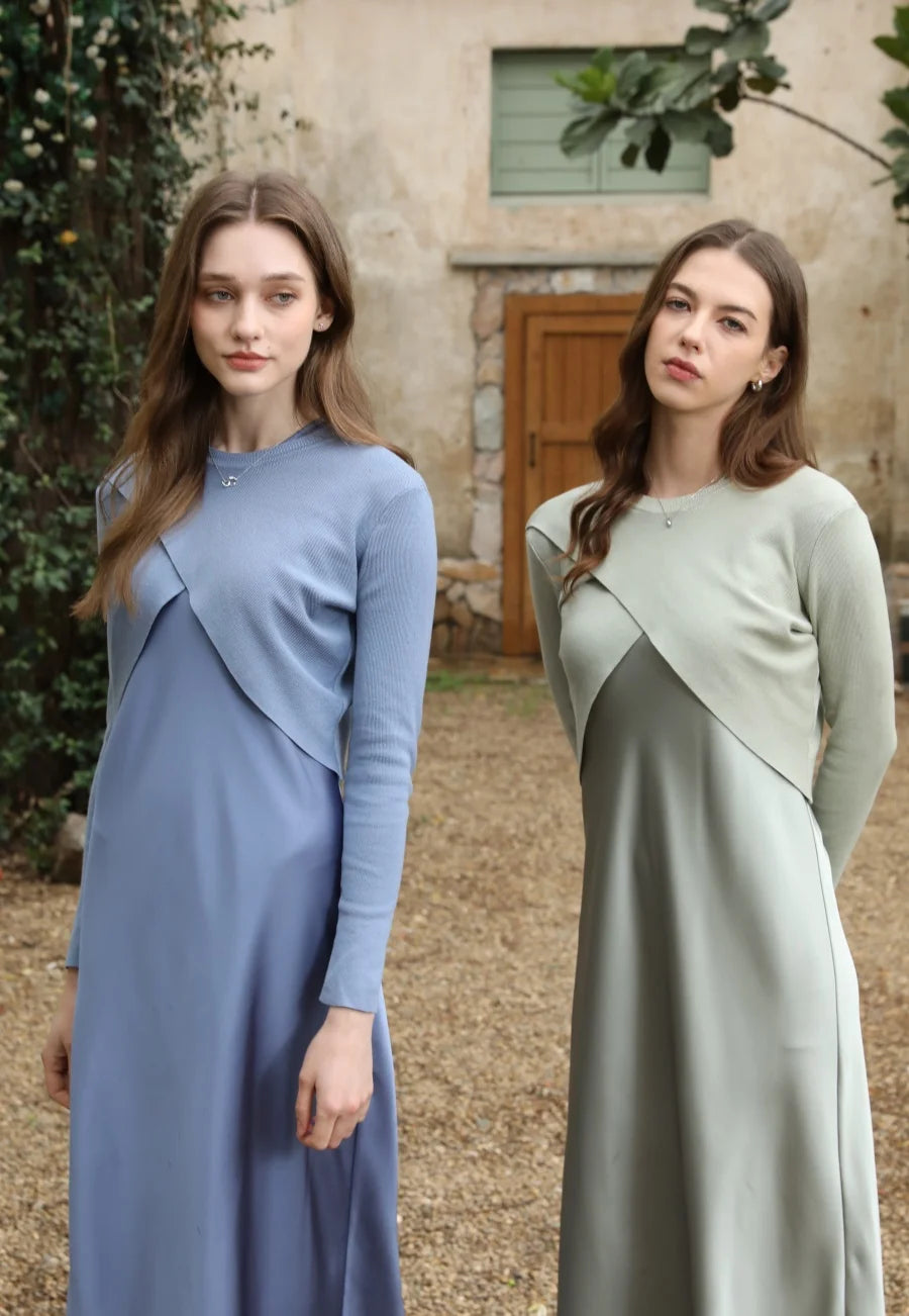 spring summer elegance satin dress + knitted top match set maxi floor length woman clothes