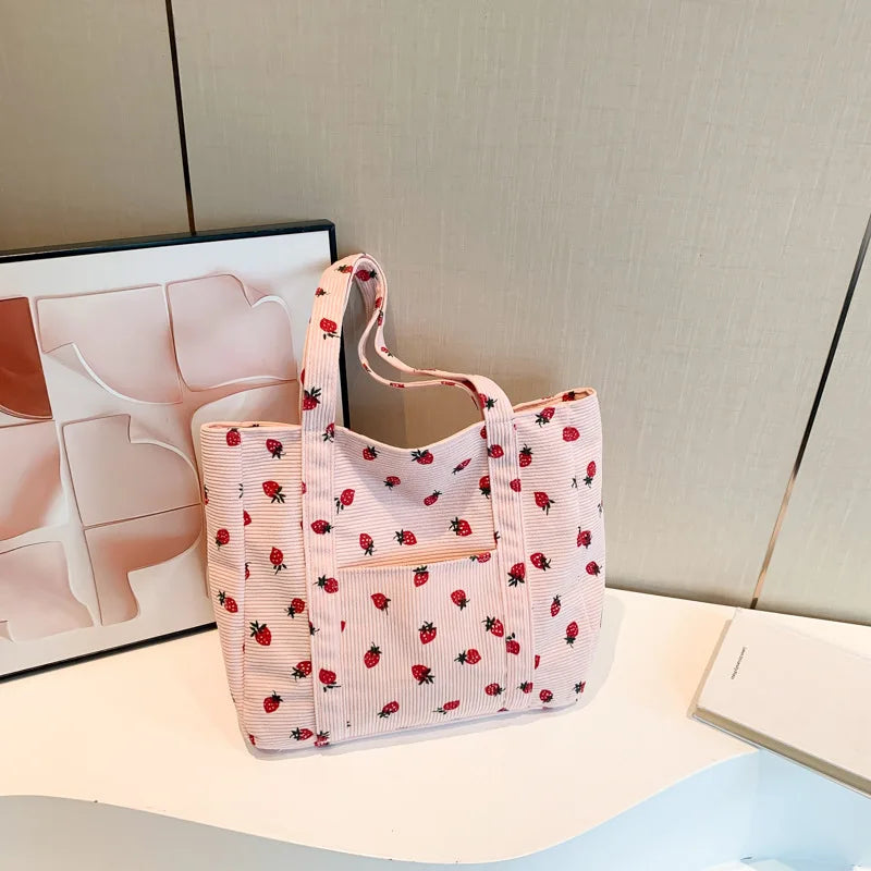 Corduroy Handbag Strawberries Beach Bag Fashionable 2025