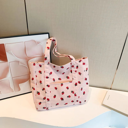 Corduroy Handbag Strawberries Beach Bag Fashionable 2025
