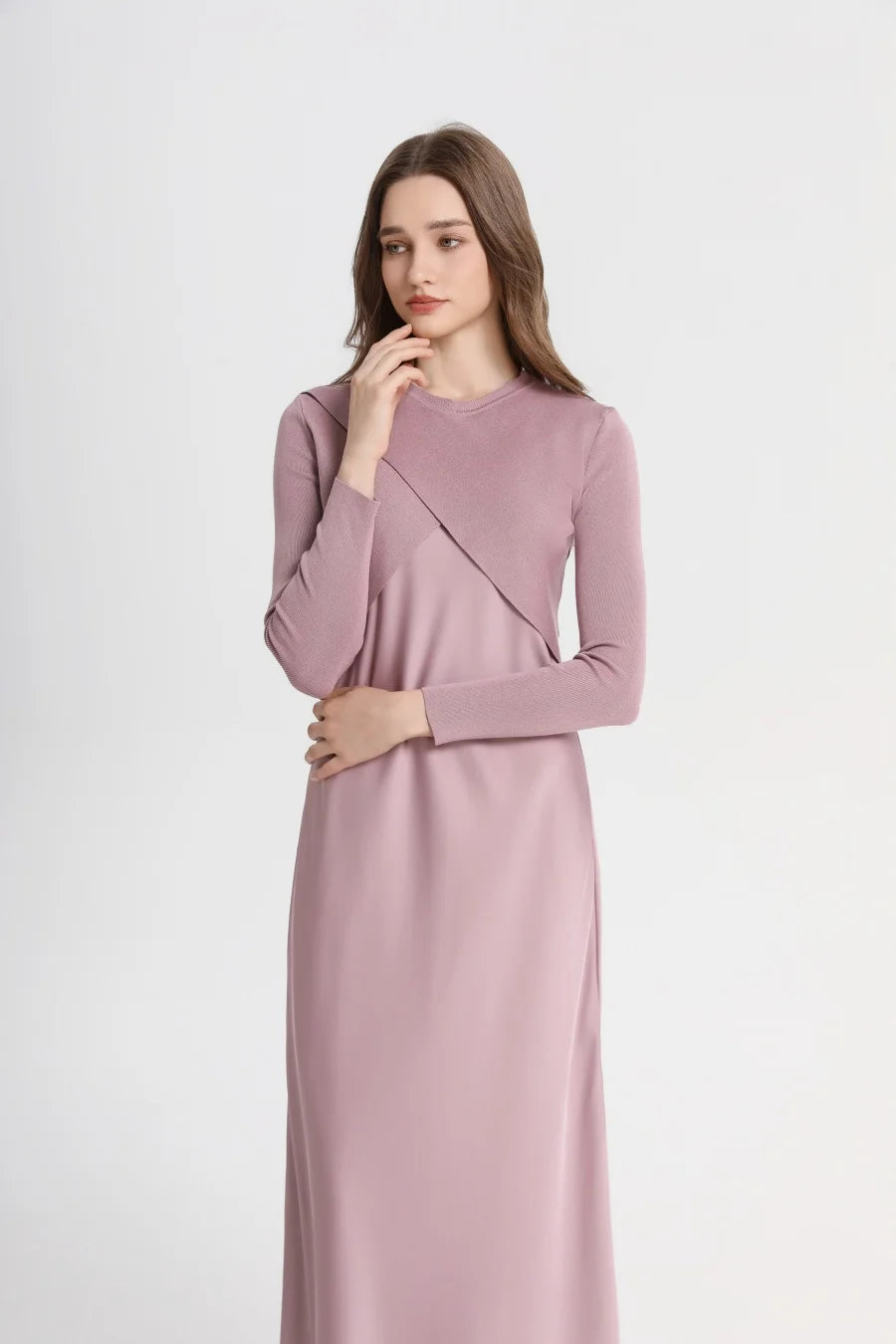 spring summer elegance satin dress + knitted top match set maxi floor length woman clothes