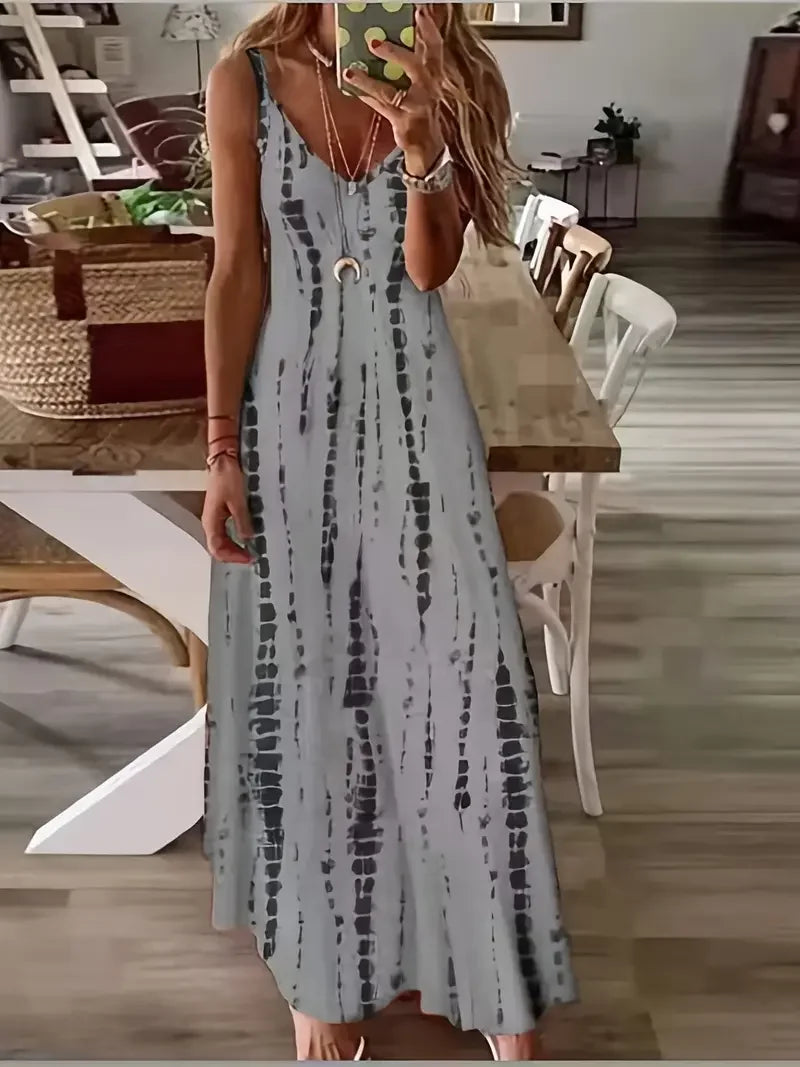 Women's Casual Loose V-neck Tie Dye Printed Spaghetti Maxi Dress Summer 2025