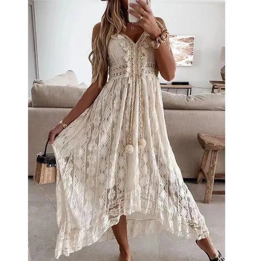 Summer New Lace Sling Big Swing Solid Color Long Skirt Dress Spring V-neck Sleeveless Beach Dresses Casual Chain Link Dress
