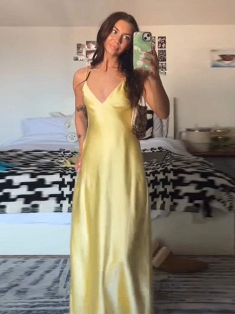 Elegant Solid Satin Pleated Maxi Vestido Women Chic Sleeveless 2025