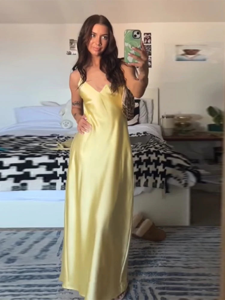 Elegant Solid Satin Pleated Maxi Vestido Women Chic Sleeveless 2025