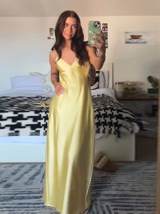 Elegant Solid Satin Pleated Maxi Vestido Women Chic Sleeveless 2025