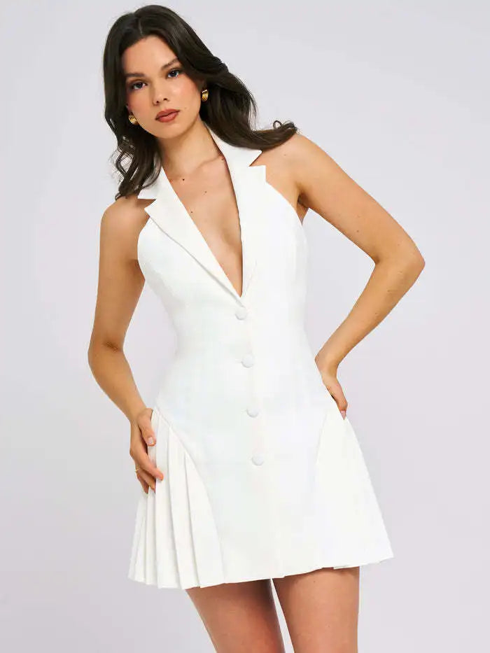Sexy Sleeveless Deep V Suit Button Dress Women Bodycon Hanging Neck Short Skirt Open Back Female Party Nightclub Dress