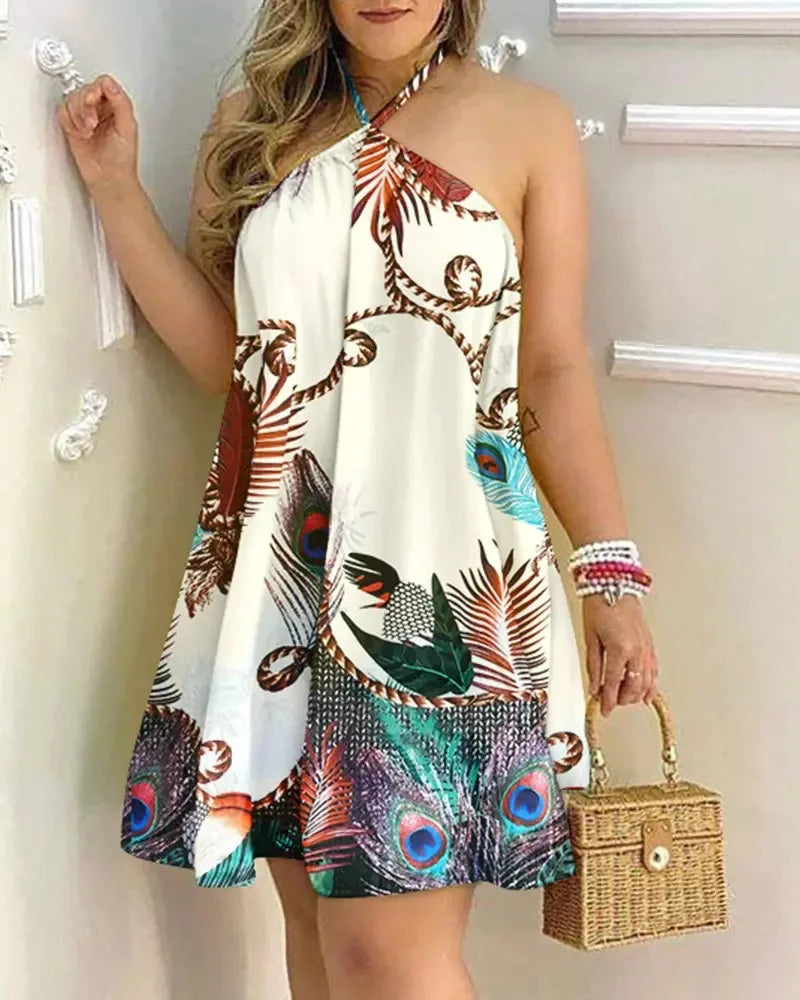 Tropical Print Halter Neck Dress,