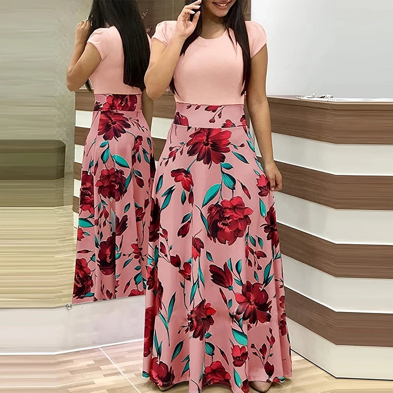 Printed Splicing Crew Neck Dress Elegant Short Sleeve Slim