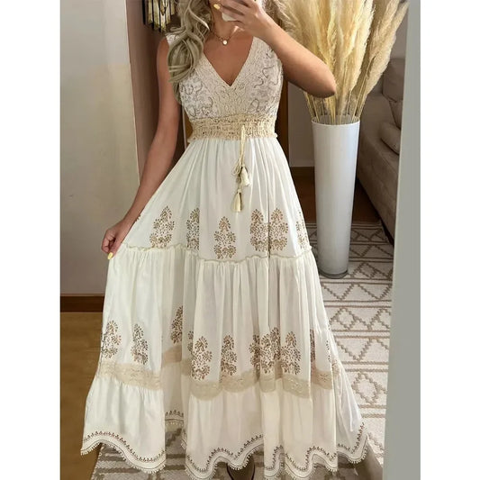 Summer Beach Dress Sleeveless Floral Print V-Neck Flowy Maxi Dress for Women Resort Holiday Party Casual Outfit Fashion