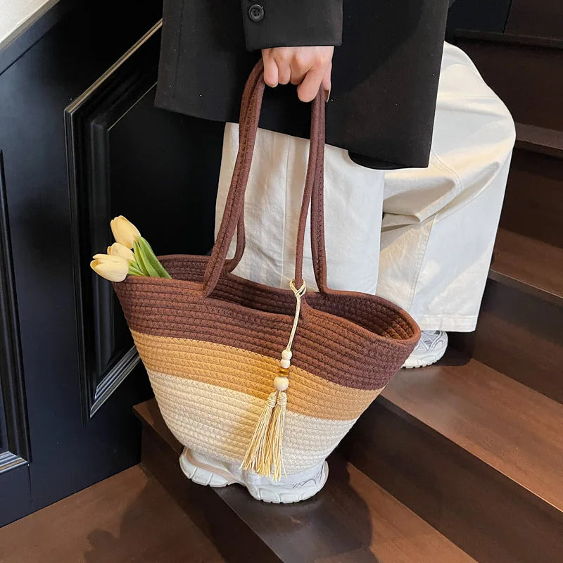 Cotton Rope Woven Design Shoulder Tote Bags For Women 2025